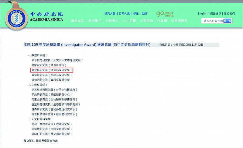 2019-11-22 本所梁茂昌研究員榮獲中研院109年度深耕計畫