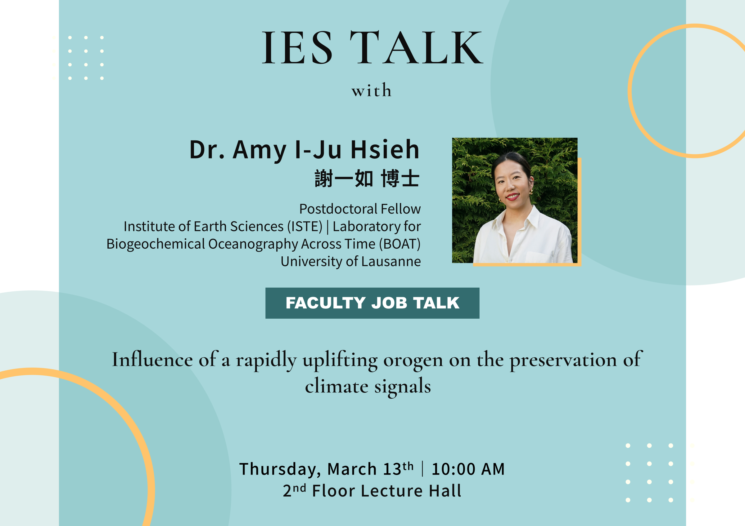 2025-03-13（Thu）Dr. Amy I-Ju Hsieh：Influence of a rapidly uplifting orogen on the preservation of climate signals